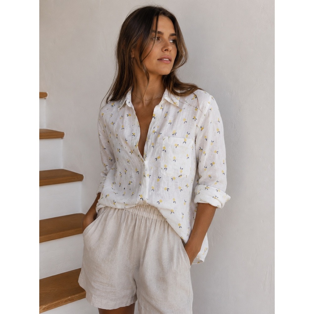 Frank & Eileen Eileen 100% Linen Button Down Shirt White Yellow Lemon Print XS